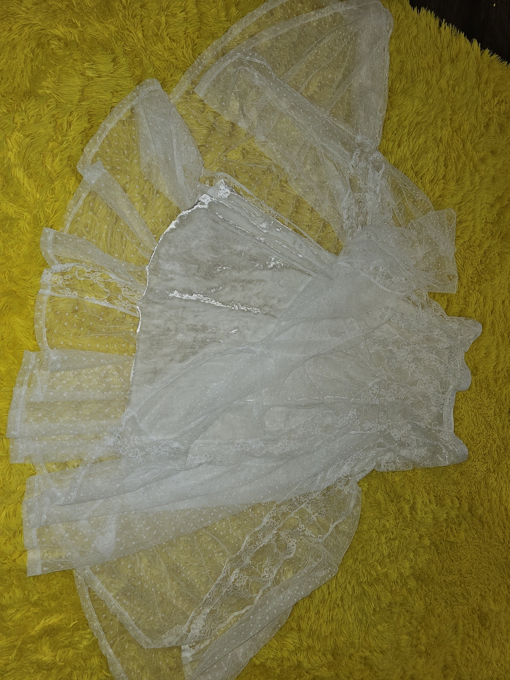 White velvet Lace Mesh Sheer Maxi Skirt Flowy Flared    ruffles yininf size L